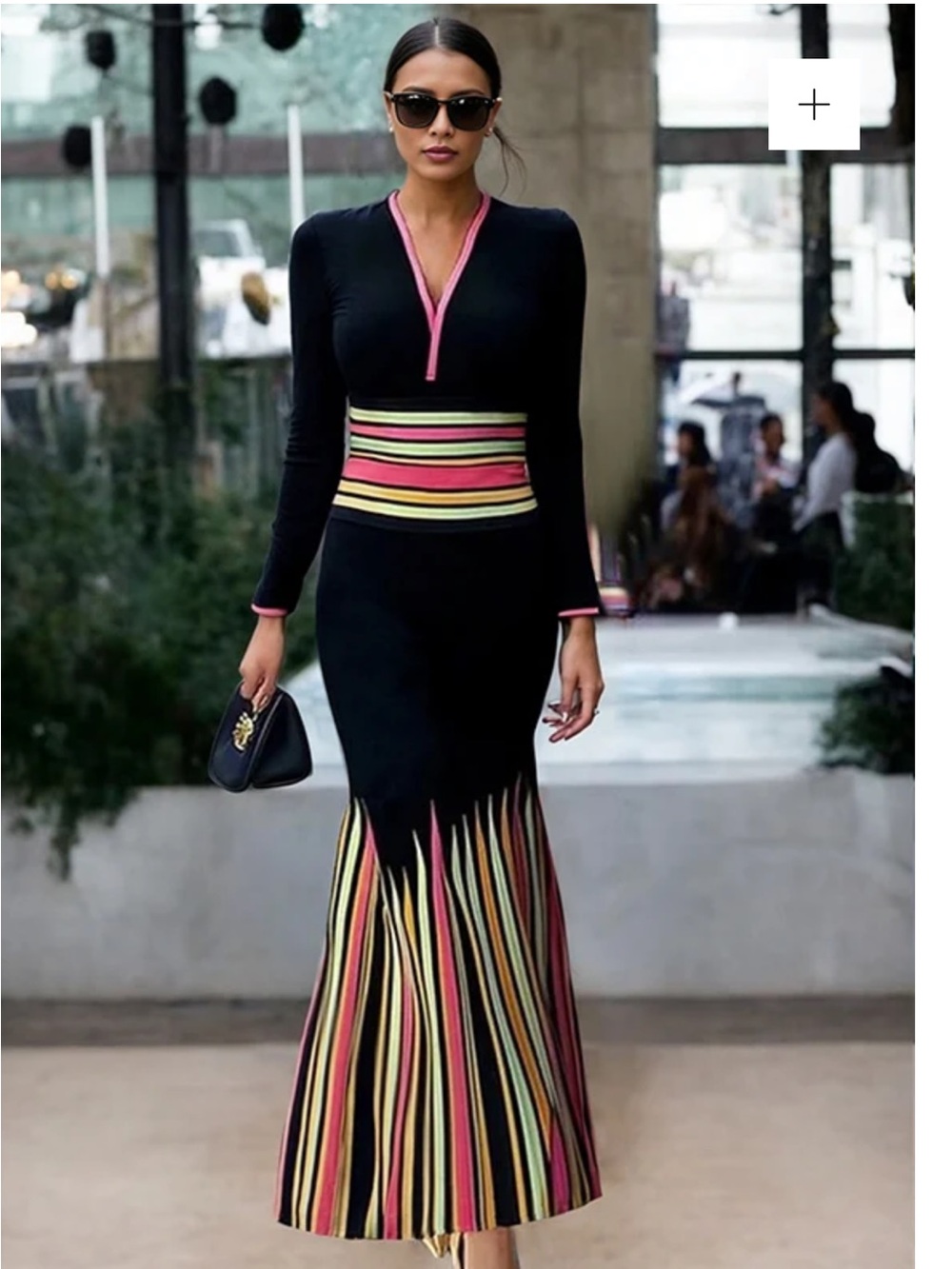 STYLEWE Black Maxi Dress with Neon Pink, Yellow, Orange and Mint Stripes